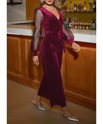 Kadın Uzun Kollu Kruvaze Yakalı Belden Kuşaklı Tül Detaylı Kadife Tulum