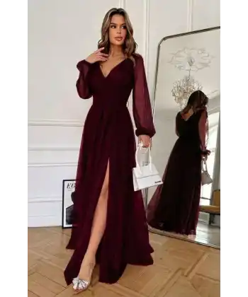 Kadın Uzun Kollu Kruvaze Yakalı Belden Kuşaklı Tüllü Uzun Ithal Krep Elbise