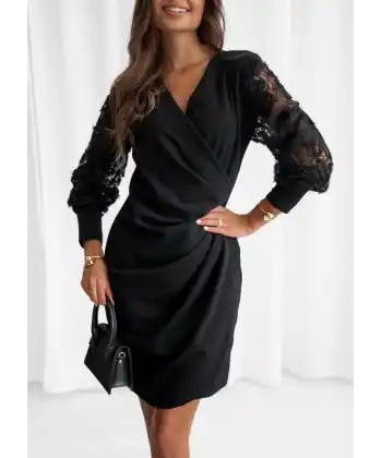 Kadın Uzun Kollu Kruvaze Yakalı önden çapraz Detaylı Kolları çiçek Dantel Detaylı Mini Ithal Krep Elbise