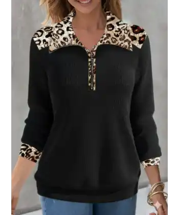 Kadın Uzun Kollu Leopar Yakalı Fermuarlı Waffle Bluz
