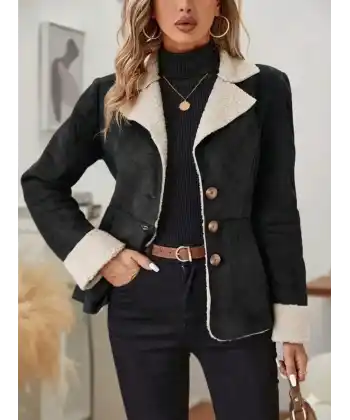Kadın Uzun Kollu önden Düğmeli Cep Detaylı Kısa Süet Ceket