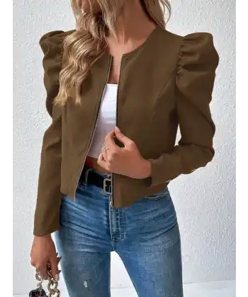 Kadın Uzun Kollu önden Fermuarlı Balon Kol Süet Ceket