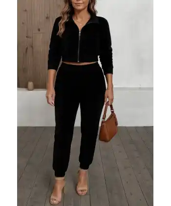 Kadın Uzun Kollu önden Fermuarlı Krop Kadife Ceket Ve Pantolon Ikili Takım