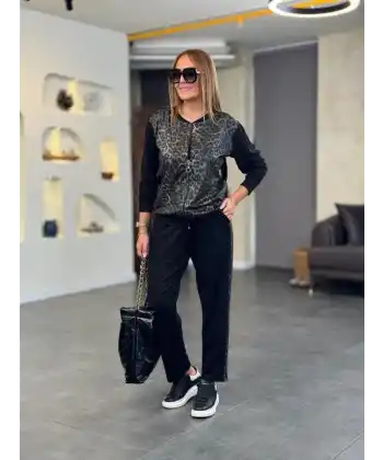 Kadın Uzun Kollu önden Fermuarlı Leopar Desenli Viskon Iki Iplik Bluz Ve Pantolon Ikili Takım