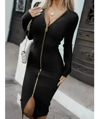 Kadın Uzun Kollu önden Fermuarlı Midi Ottoman Elbise