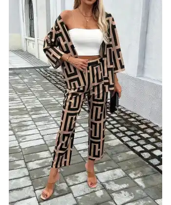 Kadın Uzun Kollu önü Açık Desenli Iki Iplik Ceket Ve Pantolon Ikili Takım