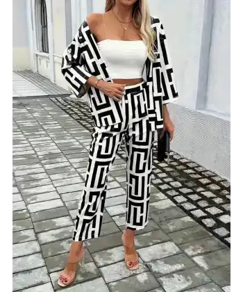 Kadın Uzun Kollu önü Açık Desenli Iki Iplik Ceket Ve Pantolon Ikili Takım