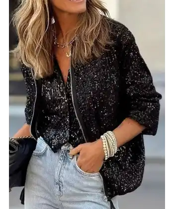 Kadın Uzun Kollu önü Fermuarlı Kısa Pulpayet Ceket