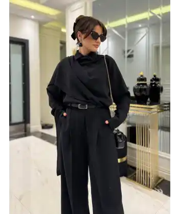 Kadın Uzun Kollu şal Detaylı Bluz Ve Pantolon Kemer Dahil Ikili Takım