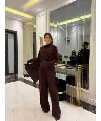 Kadın Uzun Kollu şal Detaylı Bluz Ve Pantolon Kemer Dahil Ikili Takım