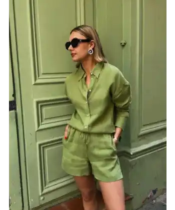 Kadın Uzun Kollu Salaş Gömlek Ve şort Keten Ikili Takım