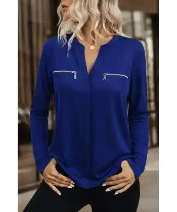 Kadın Uzun Kollu V Hakim Yaka Fermuar Detaylı Viskon Bluz