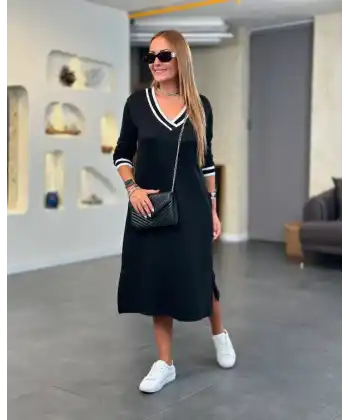 Kadın Uzun Kollu V Ribana Yakalı Yanlardan Yırtmaçlı Midi Viskon Iki Iplik Elbise