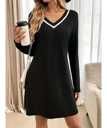 Kadın Uzun Kollu V şerit Yakalı Kısa Viskon Iki Iplik Elbise