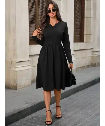 Kadın Uzun Kollu V Yakalı Cepli Midi Ithal Krep Elbise