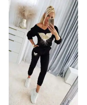 Kadın Uzun Kollu V Yakalı Desenli Viskon Iki Iplik Bluz Ve Pantolon Ikili Takım