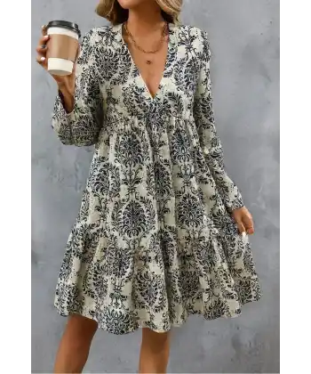 Kadın Uzun Kollu V Yakalı Fırfırlı Mini Süprem Elbise