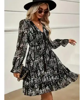 Kadın Uzun Kollu V Yakalı Fırfırlı Ve Bağcıklı şifon Mini Elbise