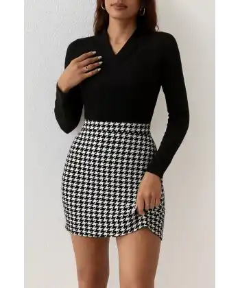 Kadın Uzun Kollu V Yakalı Kaz Ayağı Desenli şardonlu Dalgıç Elbise