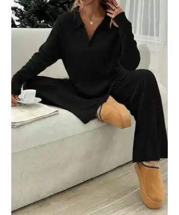 Kadın Uzun Kollu V Yakalı şardonlu Kaşkorse Bluz Ve Pantolon Ikili Takım