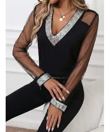 Kadın Uzun Kollu V Yakalı Tül Detaylı Ithal Krep Bluz