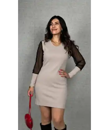 Kadın Uzun Kollu V Yakalı Tül Detaylı Mini Kaşkorse Elbise