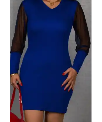 Kadın Uzun Kollu V Yakalı Tül Detaylı Mini Kaşkorse Elbise