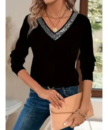 Kadın Uzun Kollu V Payet Yakalı Viskon Bluz