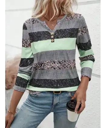 Kadın Uzun Kollu Yakadan Düğmeli çizgili Desenli Süprem Bluz