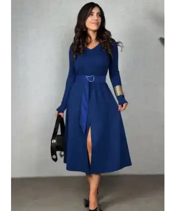 Kadın Uzun Kollu Yakalı Belden Deri Detaylı Kuşaklı Yırtmaçlı Midi Viskon Iki Iplik Elbise