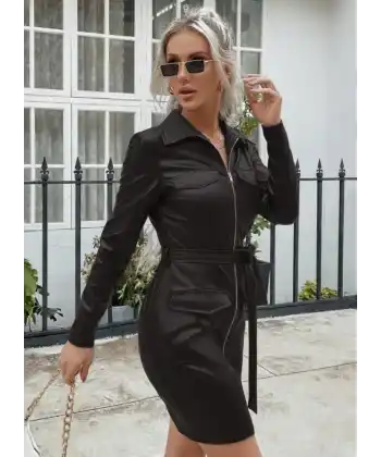 Kadın Uzun Kollu Yakalı Cepli önü Fermuarlı Koyu Kahve Mini Deri Elbise