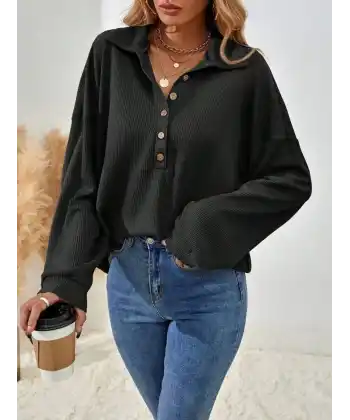 Kadın Uzun Kollu Yakalı Düğmeli Salaş Waffle Bluz