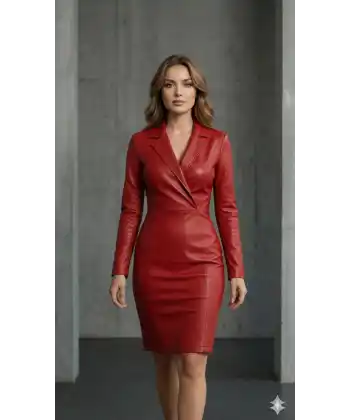 Kadın Uzun Kollu Yakalı Mini Deri Elbise