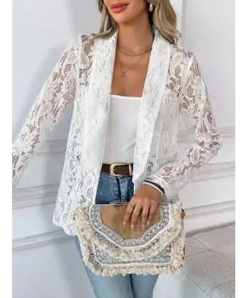 Kadın Uzun Kollu Yakalı önü Açık Dantelli Ceket