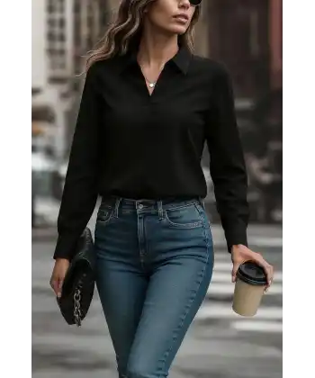 Kadın Uzun Kollu Yakalı Trikoton Gömlek