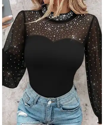 Kadın Uzun Kollu Yarı Balıkçı Yaka Taşlı Sandy Bluz