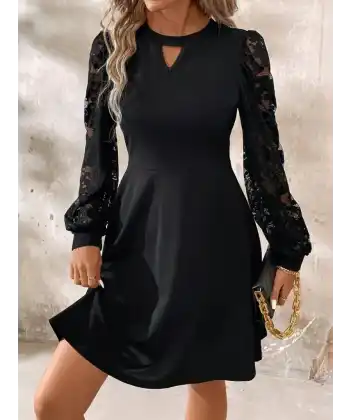 Kadın Uzun Kollu Yuvarlak Damla Detaylı Kolları Tül Detaylı Kısa Ithal Krep Elbise