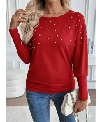 Kadın Uzun Kollu Yuvarlak Yaka Incili Viskon Bluz