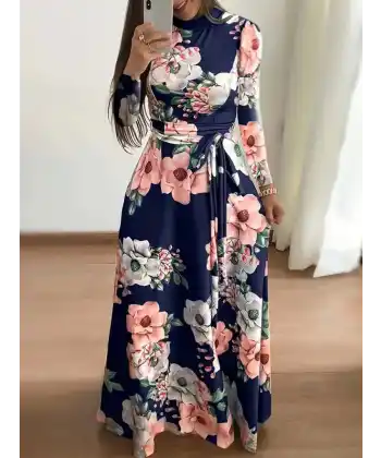 Kadın Uzun Kollu Yuvarlak Yakalı Beli Kuşaklı Desenli Süprem Uzun Elbise