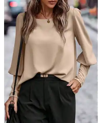 Kadın Uzun Kollu Yuvarlak Yakalı Düğmeli Ithal Krep Bluz