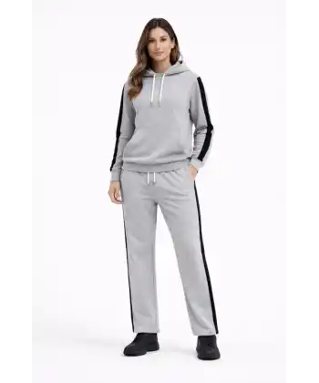 KADIN Yandan Şeritli Eşofman Takım Kapüşonlu Sweatshirt Boru Paça Alt, Oversize 3 Iplik Pamuklu - Gri