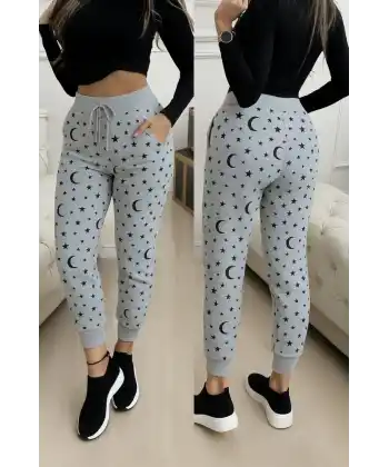 Kadın Yüksek Bel Bağcıklı Desenli Iki Iplik Pantolon