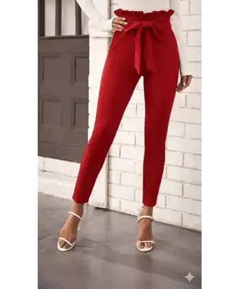 Kadın Yüksek Bel Beli Fırfırlı önden Bağlamalı Ithal Krep Pantolon