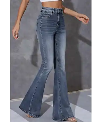 Kadın Yüksek Bel Fermuarlı İspanyol Paçalı Kot Pantolon