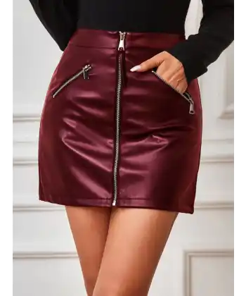 Kadın Yüksek Bel Fermuarlı Mini Deri Etek
