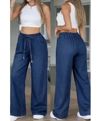 Kadın Yüksek Bel Lastikli Bağcıklı Kot Pantolon