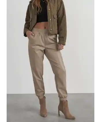 Kadın Yüksek Bel Lastikli önü Düğmeli Deri Pantolon