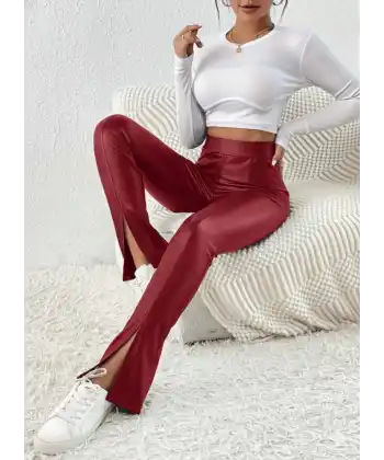 Kadın Yüksek Bel önden Yırtmaçlı Deri Tayt