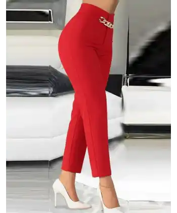 Kadın Yüksek Bel önden Zincir Detaylı Ithal Krep Pantolon