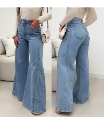 Kadın Yüksek Bel Paçaya Doğru Geniş Kesimli Kot Pantolon